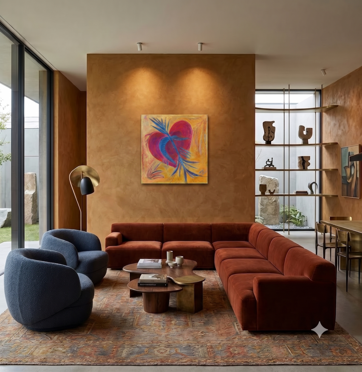 My Heart Is Larger Than My Scars abstract symbolic artwork featuring a vibrant red heart intertwined with flowing blue organic forms against a warm golden background, displayed as contemporary wall art in a modern living room.