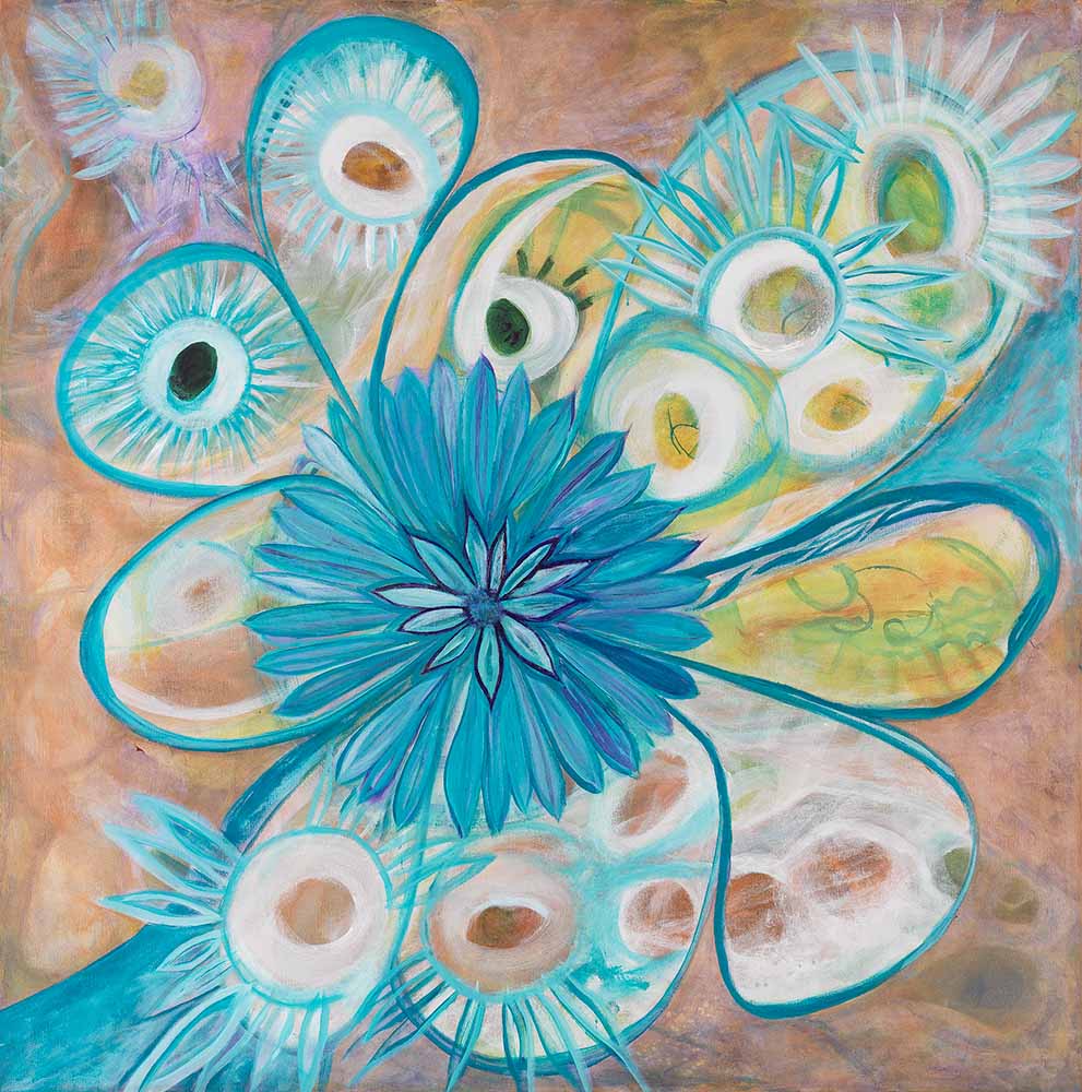Exploring Life abstract underwater artwork featuring jellyfish-inspired forms, flowing turquoise currents, and intricate organic textures, displayed as contemporary wall art in a modern living room interior.
