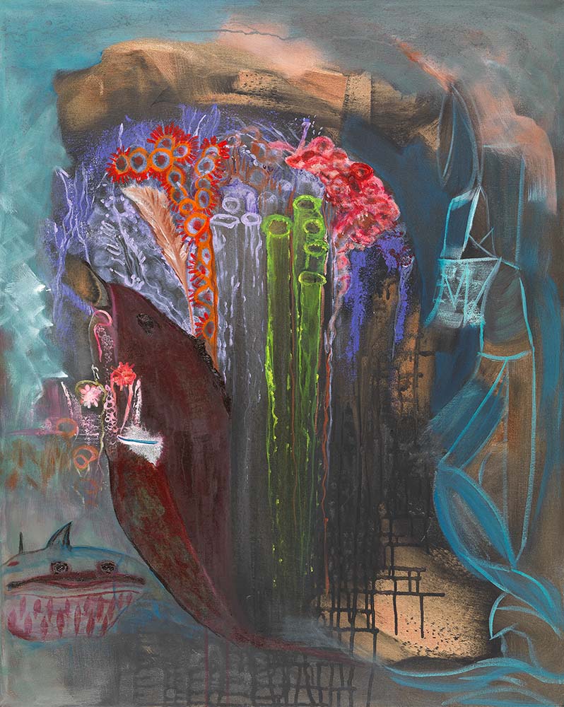 Tidal Genesis abstract marine artwork featuring underwater-inspired forms, coral-like structures, flowing blue elements, and rich contemporary colors in an ocean-themed composition.