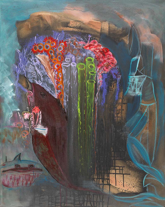 Tidal Genesis abstract marine artwork featuring underwater-inspired forms, coral-like structures, flowing blue elements, and rich contemporary colors in an ocean-themed composition.