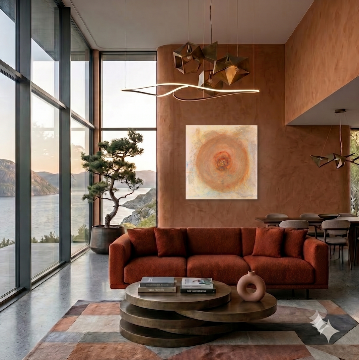 A Man's Dream Is a Child's Necessity abstract artwork featuring a radiant circular center, soft earth-toned layers, and subtle textured forms, displayed as contemporary wall art in a modern living room.