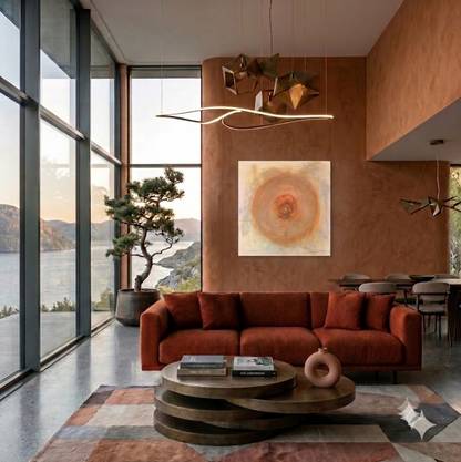 A Man's Dream Is a Child's Necessity abstract artwork featuring a radiant circular center, soft earth-toned layers, and subtle textured forms, displayed as contemporary wall art in a modern living room.