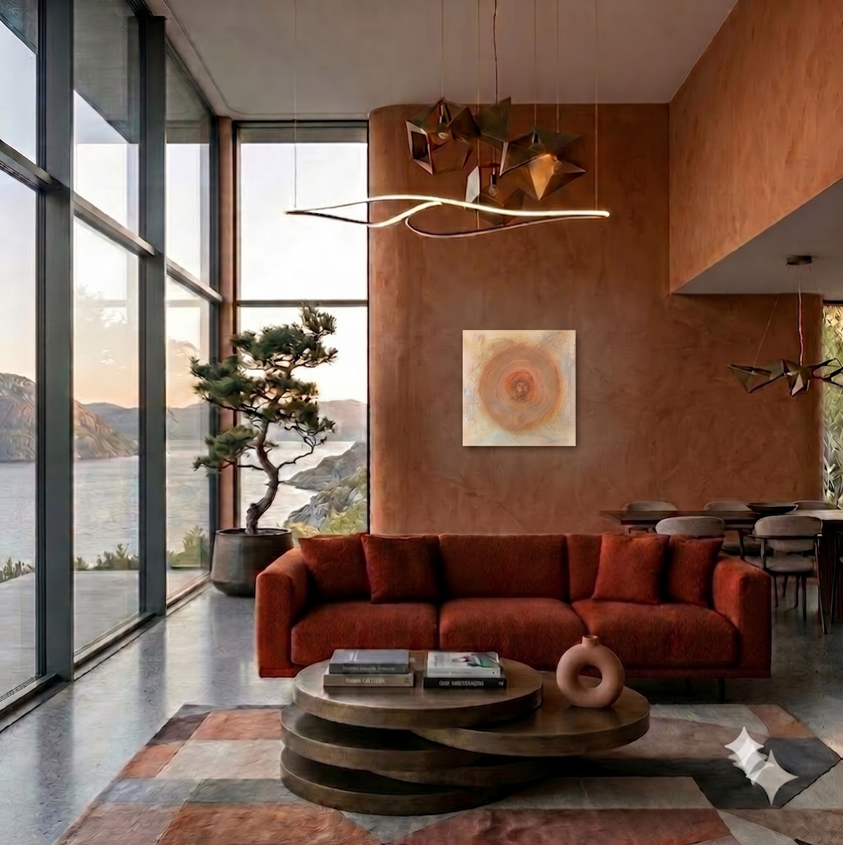 A Man's Dream Is a Child's Necessity abstract artwork featuring a radiant circular center, soft earth-toned layers, and subtle textured forms, displayed as contemporary wall art in a modern living room.