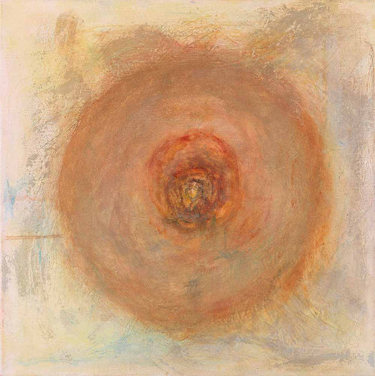 A Man's Dream Is a Child's Necessity abstract artwork featuring a radiant circular center, soft earth-toned layers, and subtle textured forms in a contemplative contemporary composition.