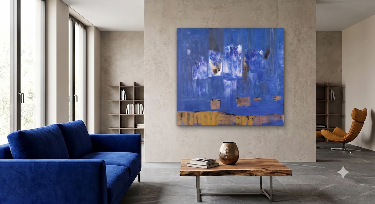 Abstract contemporary artwork featuring layered blue tones, atmospheric textures, soft geometric forms, and gold accents, displayed as modern wall art in a contemporary living room with a blue sofa and natural wood furniture.