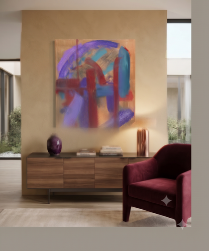 Abstract contemporary artwork featuring bold geometric forms, layered brushstrokes, and vibrant purple, blue, red, and gold tones on a textured canvas, displayed as modern wall art in a contemporary living room.