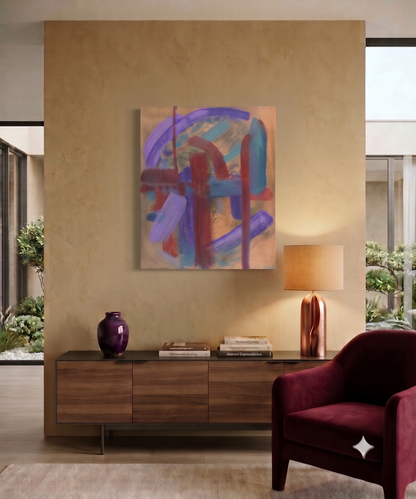 Abstract contemporary artwork featuring bold geometric forms, layered brushstrokes, and vibrant purple, blue, red, and gold tones on a textured canvas, displayed as modern wall art in a contemporary living room.