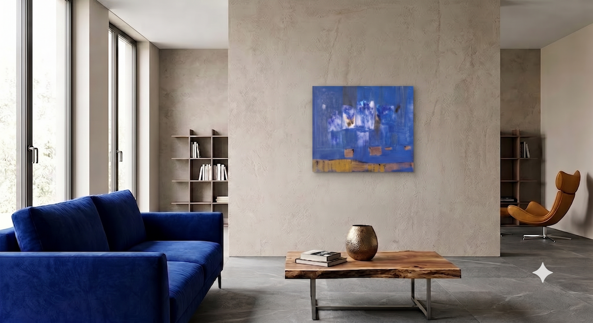 Abstract contemporary artwork featuring layered blue tones, atmospheric textures, soft geometric forms, and gold accents, displayed as modern wall art in a contemporary living room with a blue sofa and natural wood coffee table.
