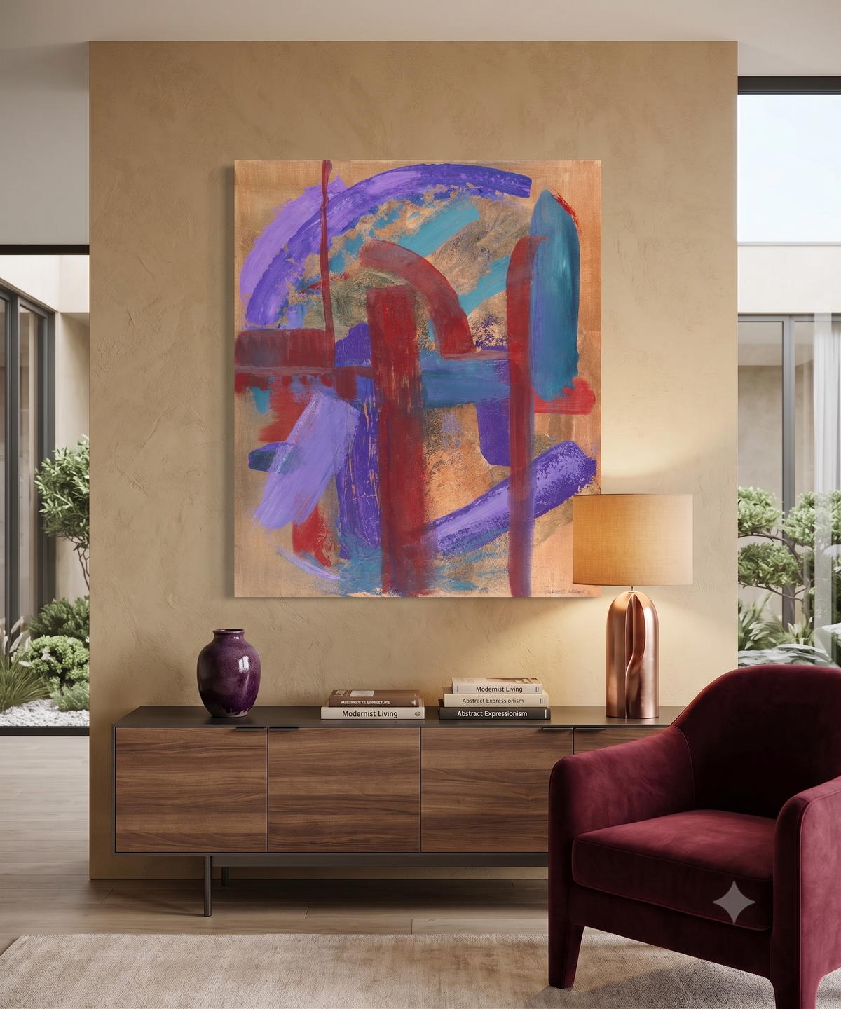 Abstract contemporary artwork featuring bold geometric forms, layered brushstrokes, and vibrant purple, blue, red, and gold tones on a textured canvas, displayed as modern wall art in a contemporary living room.