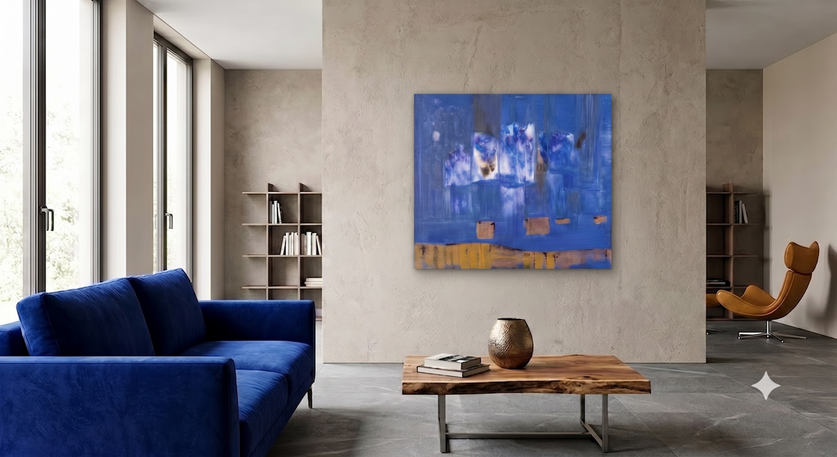 Abstract contemporary artwork featuring layered blue tones, atmospheric textures, soft geometric forms, and gold accents, displayed as modern wall art in a contemporary living room with a blue sofa and natural wood furniture.