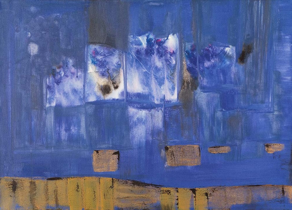 Abstract contemporary artwork featuring layered blue tones, atmospheric textures, soft geometric forms, and gold accents in a modern expressionist composition.