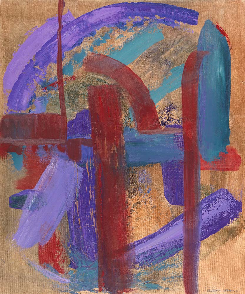 Abstract contemporary artwork featuring bold geometric forms, layered brushstrokes, and vibrant purple, blue, red, and gold tones on a textured natural canvas background.