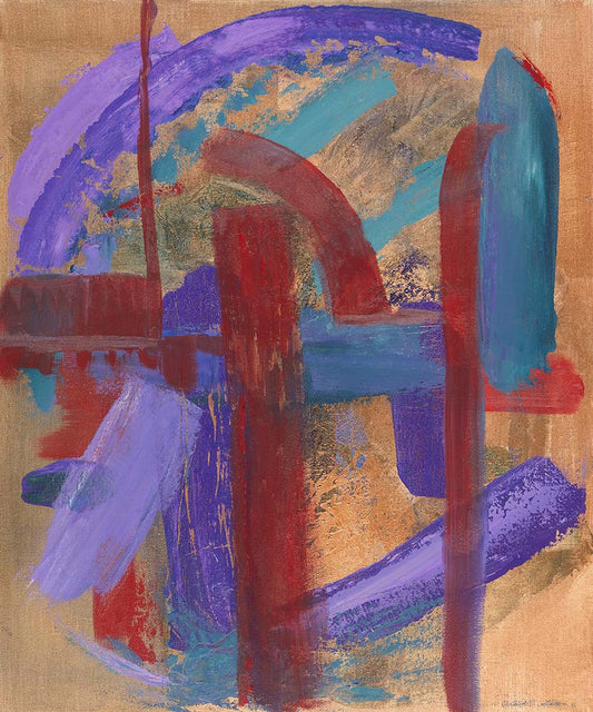 Abstract contemporary artwork featuring bold geometric forms, layered brushstrokes, and vibrant purple, blue, red, and gold tones on a textured natural canvas background.