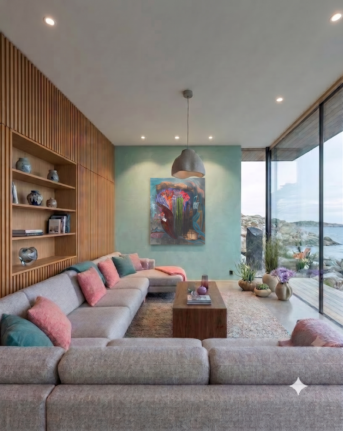 Aquatic abstract marine artwork featuring coral-inspired forms, underwater textures, and flowing blue elements, displayed as contemporary wall art in a modern living room.