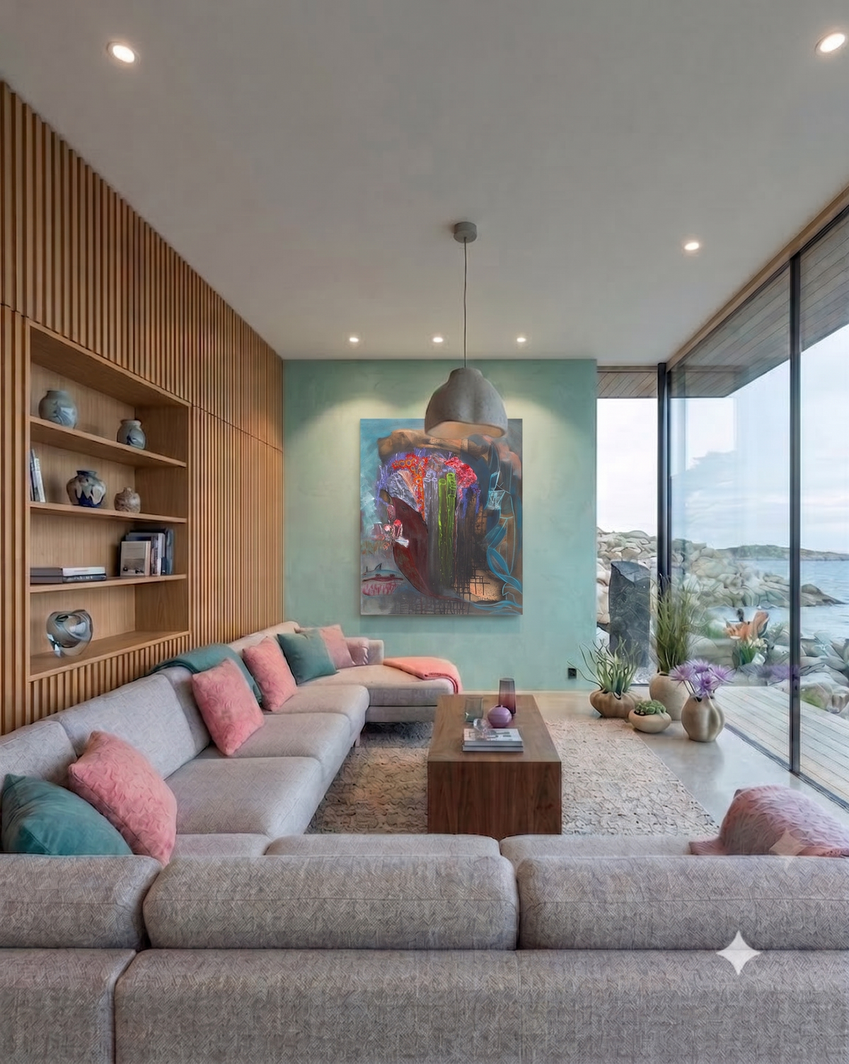 Aquatic abstract marine artwork featuring coral-inspired forms, underwater textures, and flowing blue elements, displayed as contemporary wall art in a modern living room with coastal views.