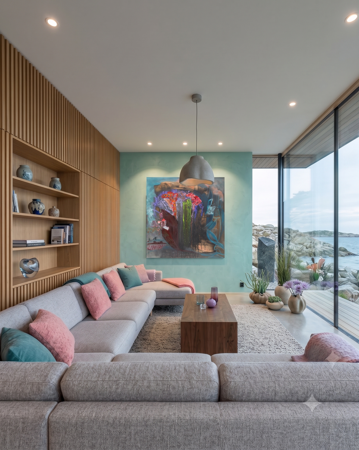 Aquatic abstract marine artwork featuring coral-inspired forms, flowing blue elements, and rich underwater textures, displayed as contemporary wall art in a modern coastal living room.