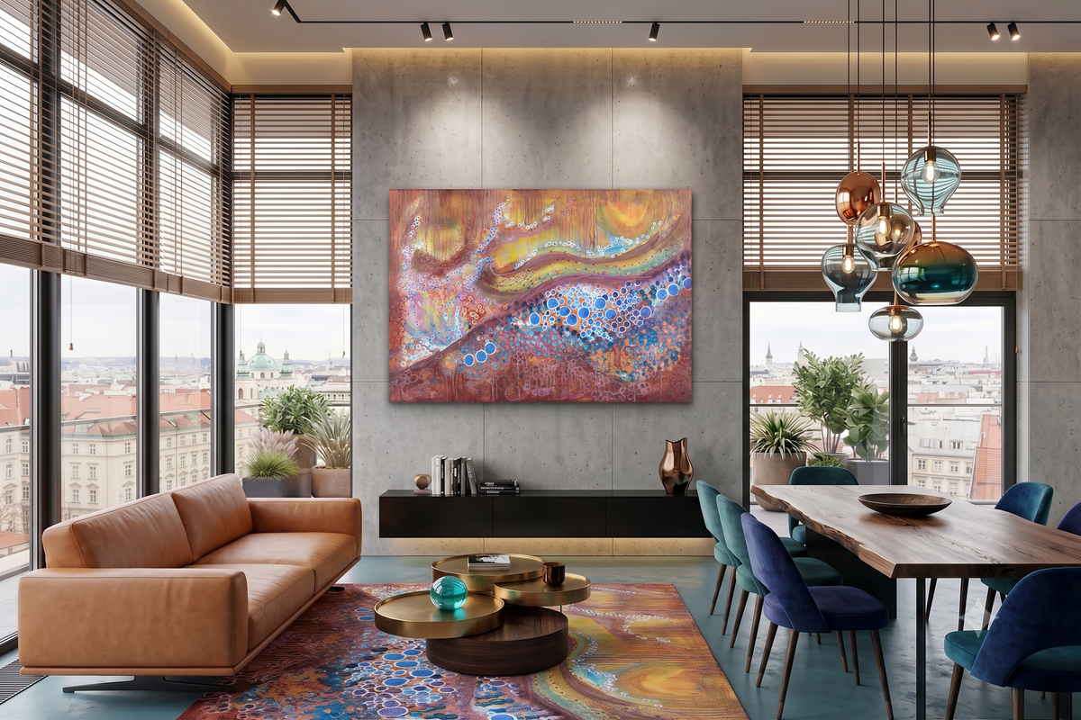 Autumn abstract landscape artwork featuring flowing golden, copper, and rose tones with vibrant blue circular elements, layered textures, and organic forms inspired by the colors of autumn, displayed as contemporary wall art in a modern living room.
