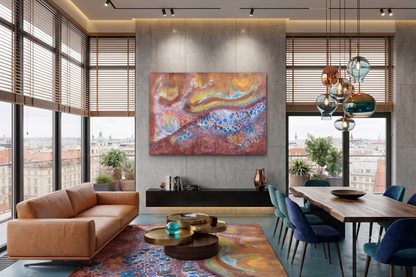 Autumn abstract landscape artwork featuring flowing golden, copper, and rose tones with vibrant blue circular elements, layered textures, and organic forms inspired by the colors of autumn, displayed as contemporary wall art in a modern living room.
