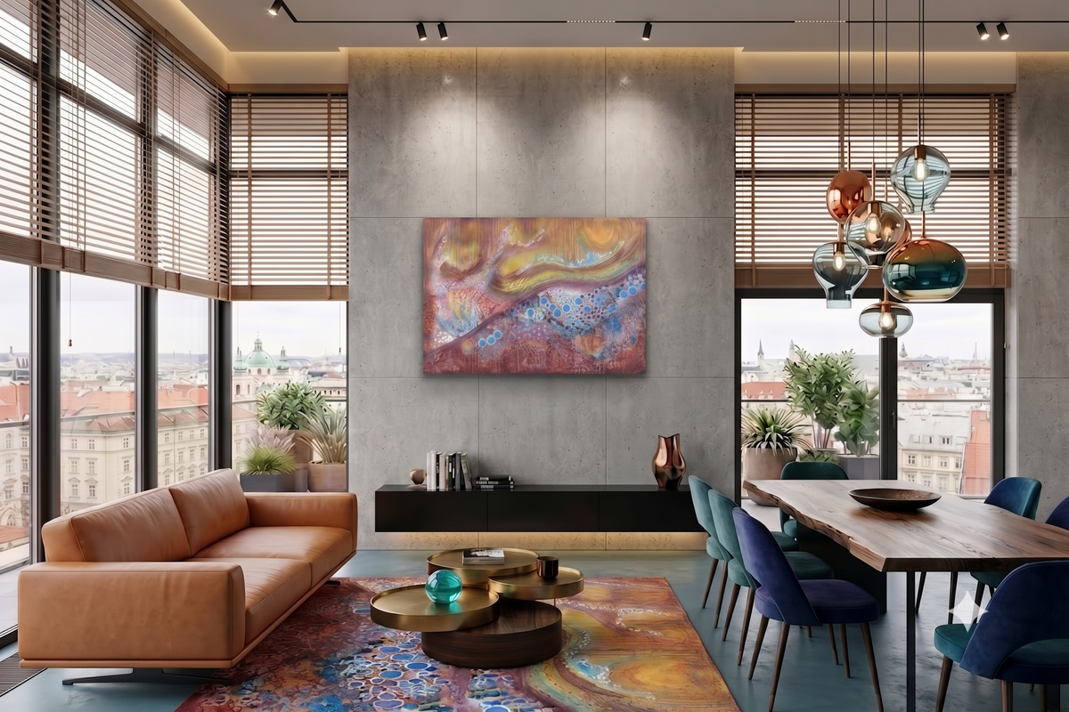 Autumn abstract landscape artwork featuring flowing golden, copper, and rose tones with vibrant blue circular elements, layered textures, and organic forms inspired by the colors of autumn, displayed as contemporary wall art in a modern living room.