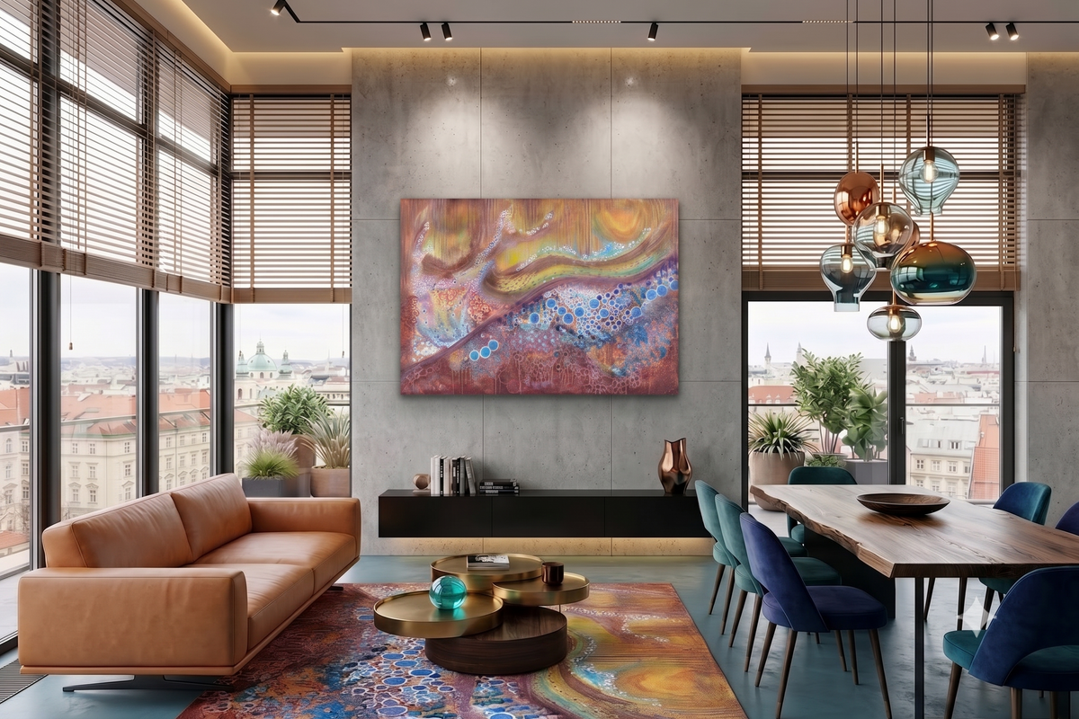 Autumn abstract landscape artwork featuring flowing golden, copper, and rose tones with vibrant blue circular elements, layered textures, and organic forms inspired by the colors of autumn, displayed as contemporary wall art in a modern living room.