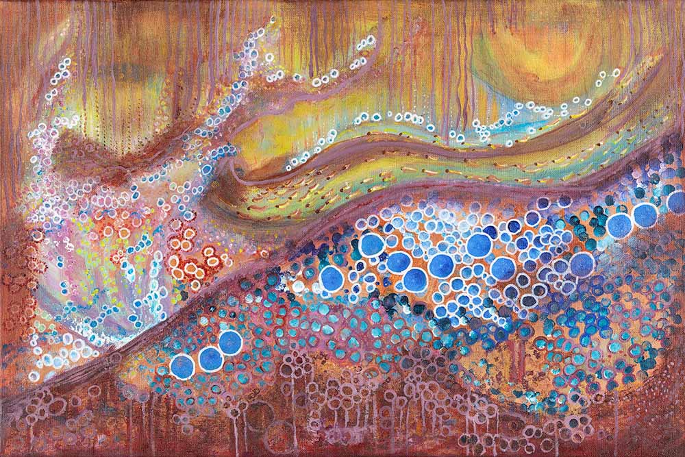 Autumn abstract landscape artwork featuring flowing golden, copper, and rose tones with vibrant blue circular elements, layered textures, and organic forms inspired by the colors and movement of the autumn season.
