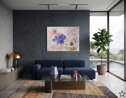 Black Lotus abstract artwork featuring a vibrant blue lotus flower surrounded by flowing organic forms, soft neutral tones, and textured spiritual-inspired elements, displayed as contemporary wall art in a modern living room.