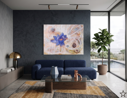 Black Lotus abstract artwork featuring a vibrant blue lotus flower surrounded by flowing organic forms, soft neutral tones, and textured spiritual-inspired elements, displayed as contemporary wall art in a modern living room.