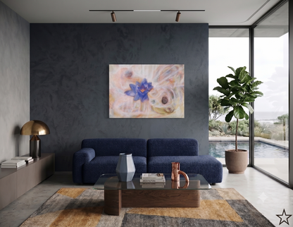 Black Lotus abstract artwork featuring a vibrant blue lotus flower surrounded by flowing organic forms, soft neutral tones, and textured spiritual-inspired elements, displayed as contemporary wall art in a modern living room.