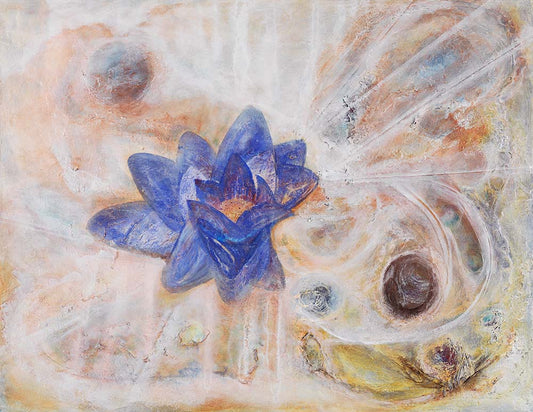 Black Lotus abstract artwork featuring a vibrant blue lotus flower surrounded by flowing organic forms, soft neutral tones, and textured spiritual-inspired elements in a contemporary composition.