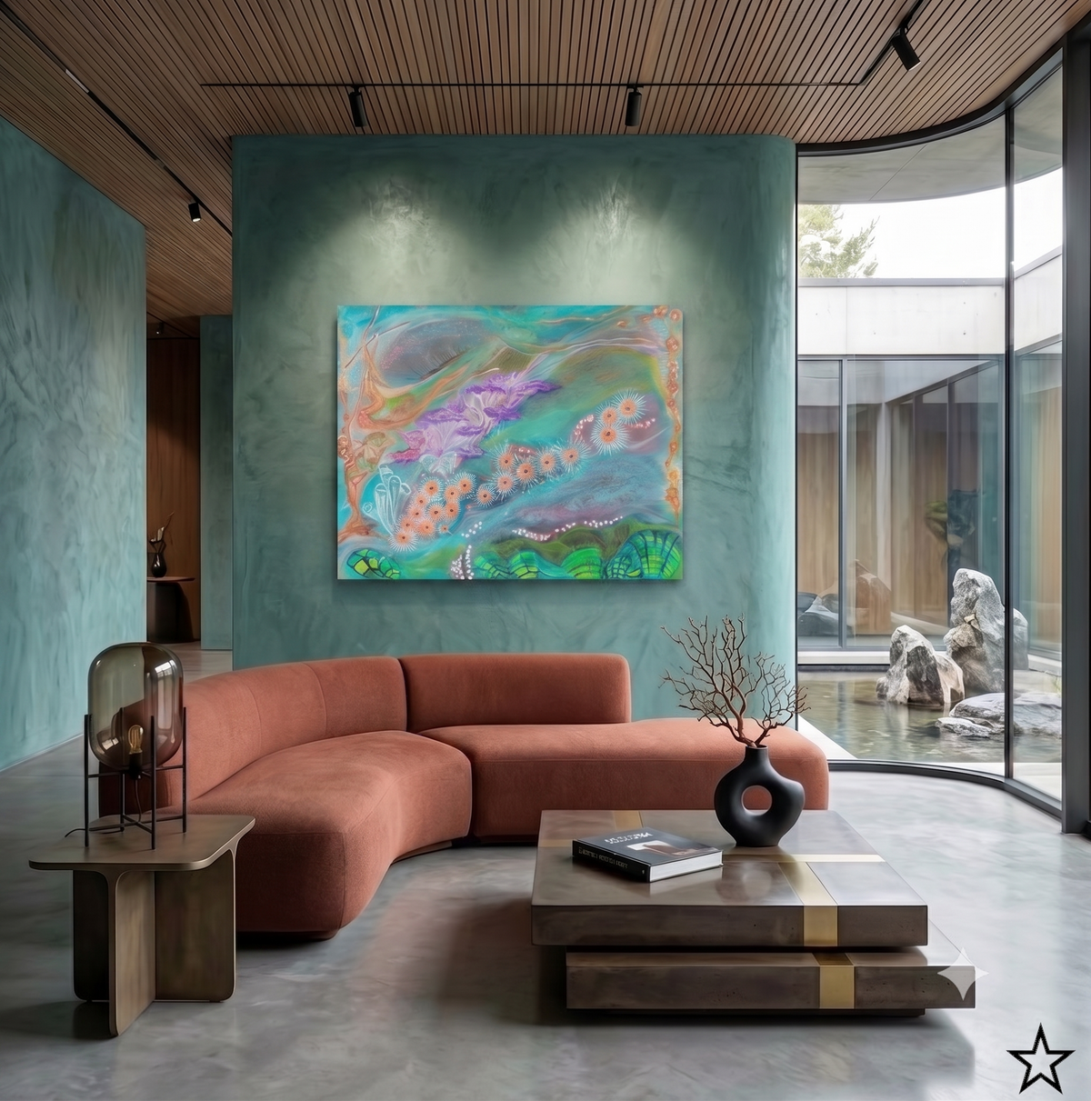 Bliss abstract coastal artwork featuring flowing turquoise tones, delicate floral elements, and organic ocean-inspired forms, displayed as contemporary wall art in a modern living room.
