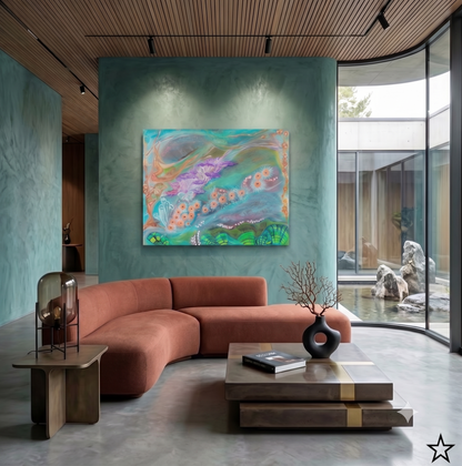 Bliss abstract coastal artwork featuring flowing turquoise tones, delicate floral elements, and organic ocean-inspired forms, displayed as contemporary wall art in a modern living room.
