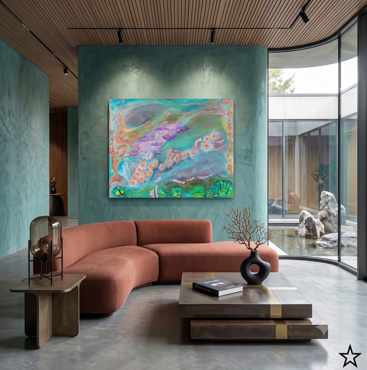 Bliss abstract coastal artwork featuring flowing turquoise tones, delicate floral elements, and organic ocean-inspired forms, displayed as contemporary wall art in a modern living room.
