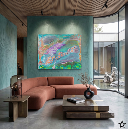 Bliss abstract coastal artwork featuring flowing turquoise tones, delicate floral elements, and organic ocean-inspired forms, displayed as contemporary wall art in a modern living room.
