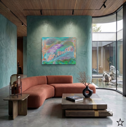 Bliss abstract coastal artwork featuring flowing turquoise tones, delicate floral elements, and organic ocean-inspired forms, displayed as contemporary wall art in a modern living room.