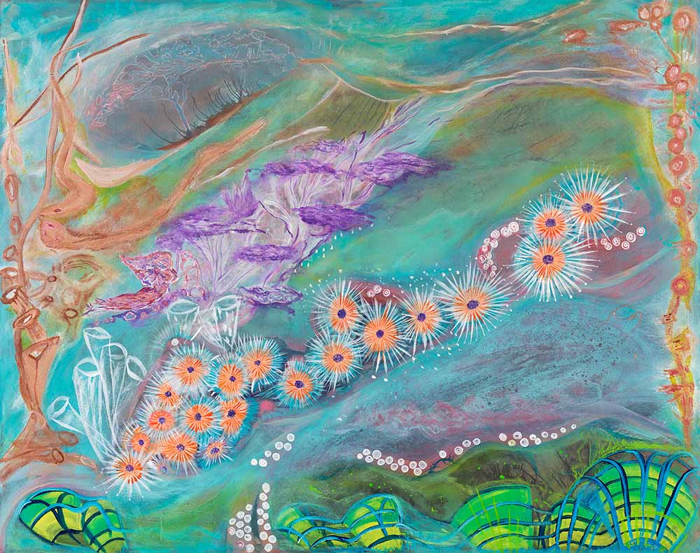 Bliss abstract ocean-inspired artwork featuring flowing turquoise tones, delicate floral elements, and organic underwater forms in a contemporary seascape composition.