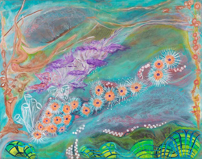 Bliss abstract ocean-inspired artwork featuring flowing turquoise tones, delicate floral elements, and organic underwater forms in a contemporary seascape composition.