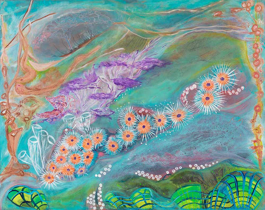 Bliss abstract ocean-inspired artwork featuring flowing turquoise tones, delicate floral elements, and organic underwater forms in a contemporary seascape composition.