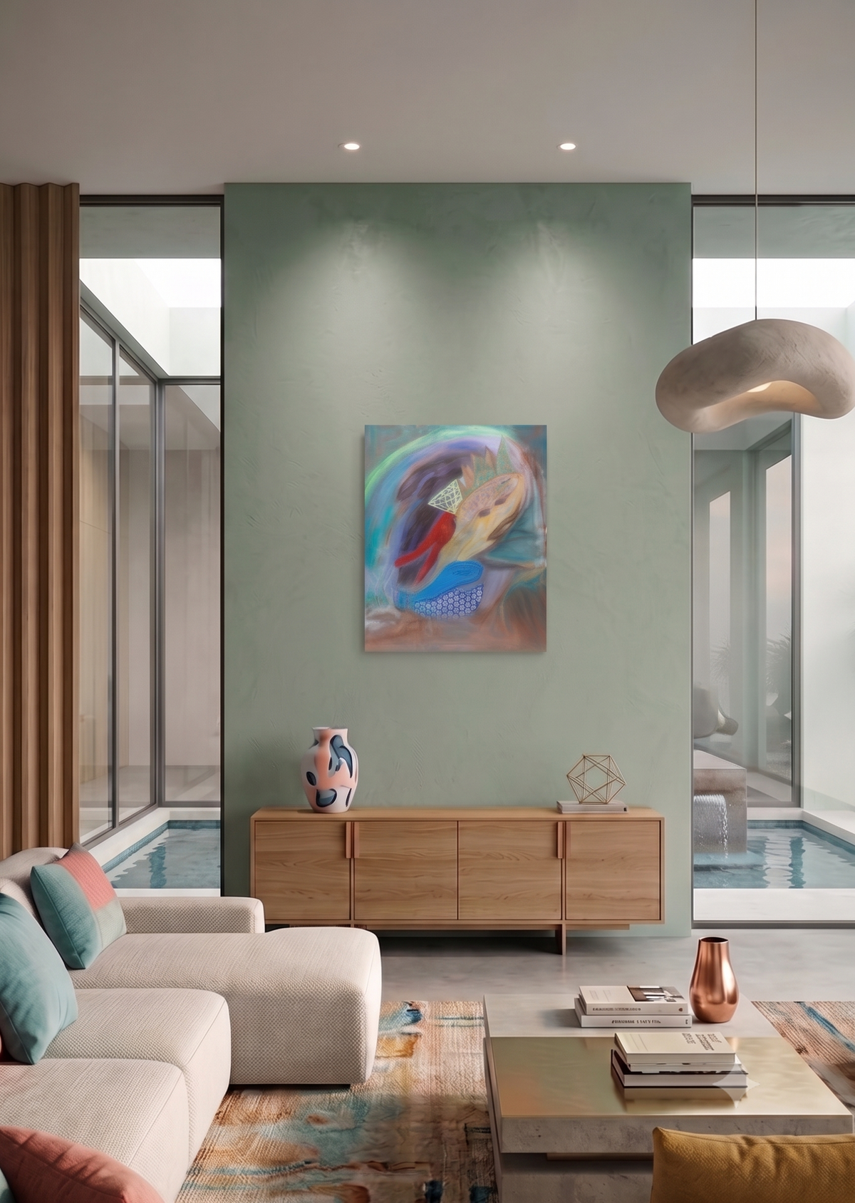 Bliss abstract ocean-inspired artwork featuring flowing turquoise tones, delicate floral elements, and organic underwater forms in a contemporary seascape composition.