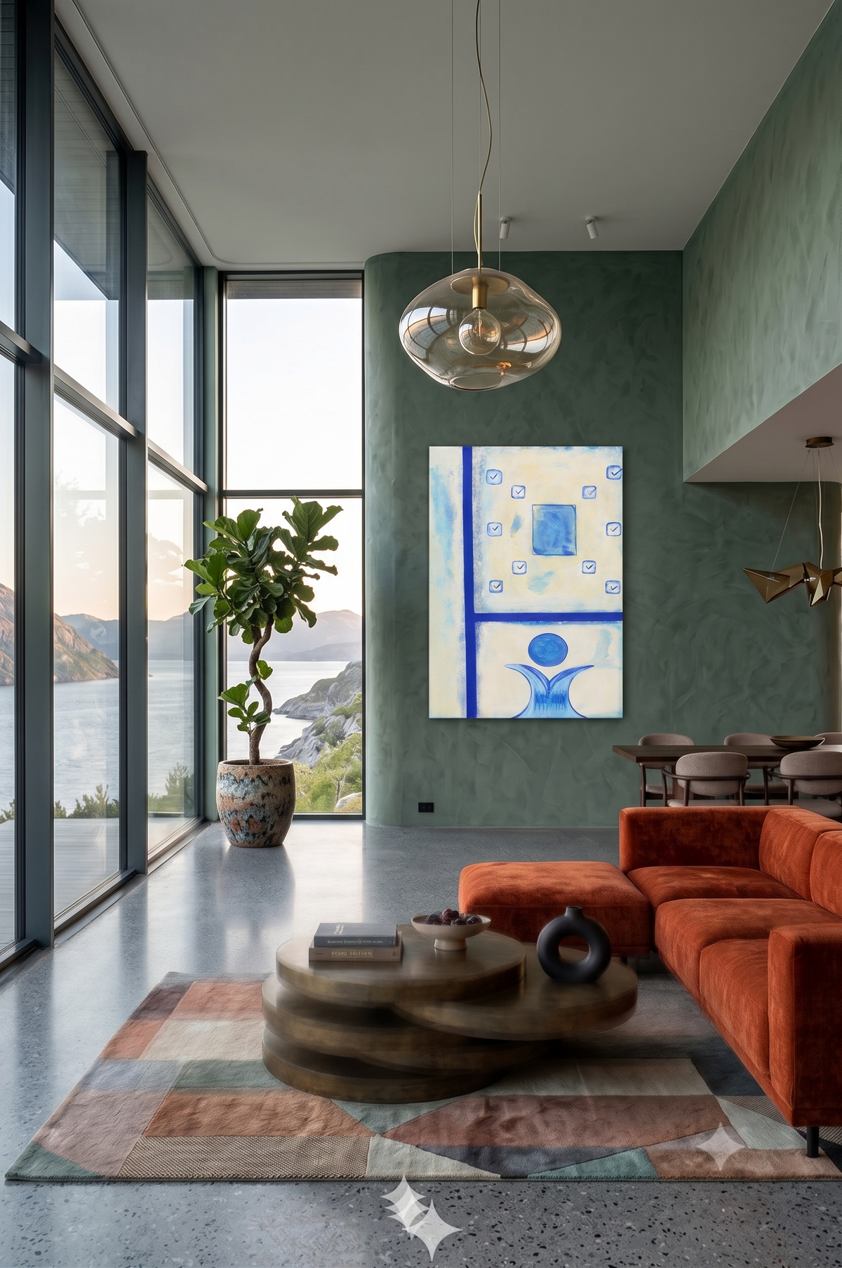 Checklist – Avoiding the Main Goal abstract conceptual artwork featuring blue checklist symbols, geometric forms, and symbolic human-like elements, displayed as contemporary wall art in a modern living room.