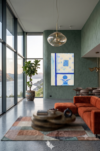 Checklist – Avoiding the Main Goal abstract conceptual artwork featuring blue checklist symbols, geometric forms, and symbolic human-like elements, displayed as contemporary wall art in a modern living room.