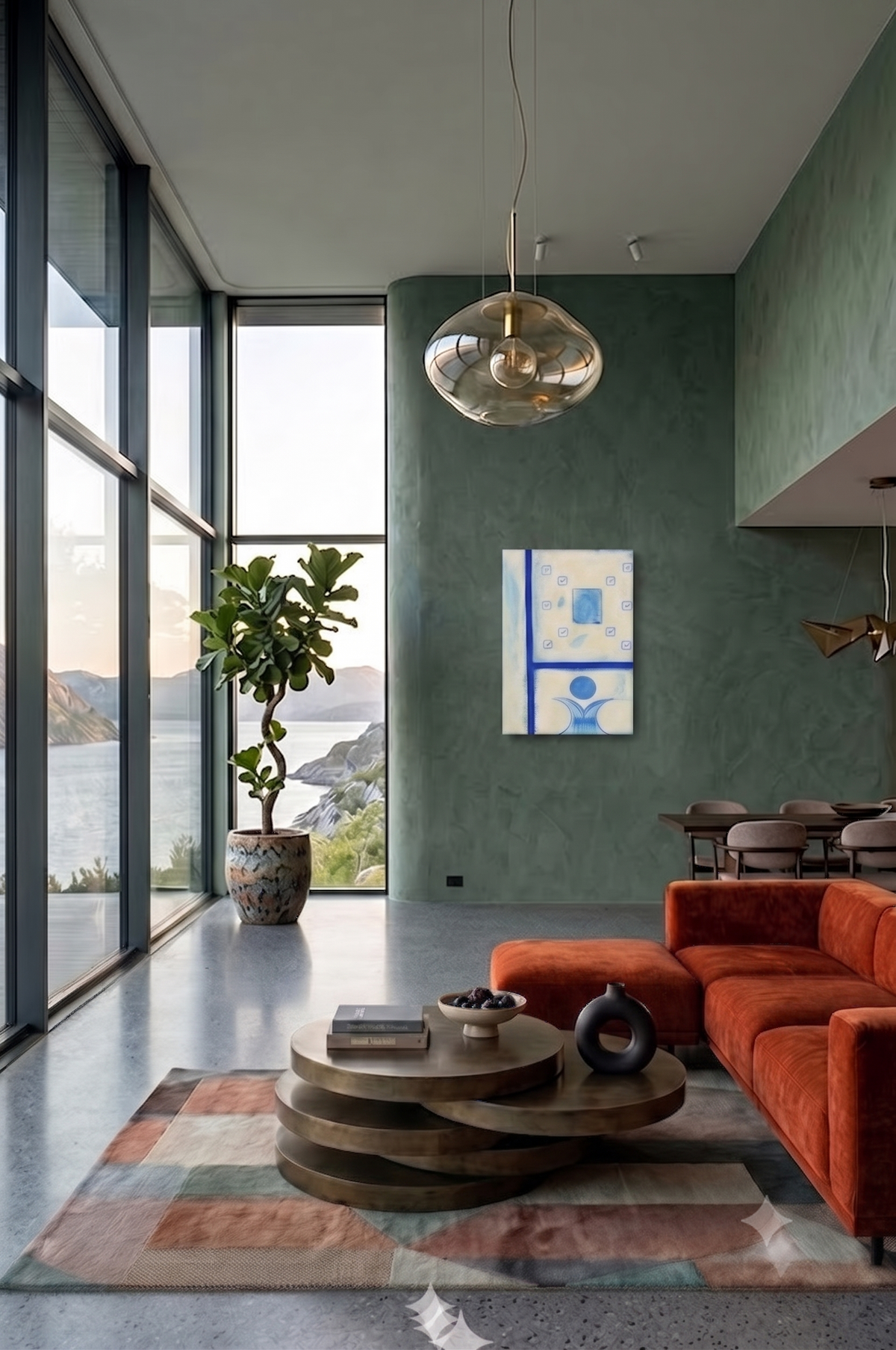 Checklist – Avoiding the Main Goal abstract conceptual artwork featuring blue checklist symbols, geometric forms, and symbolic human-like elements, displayed as contemporary wall art in a modern living room.
