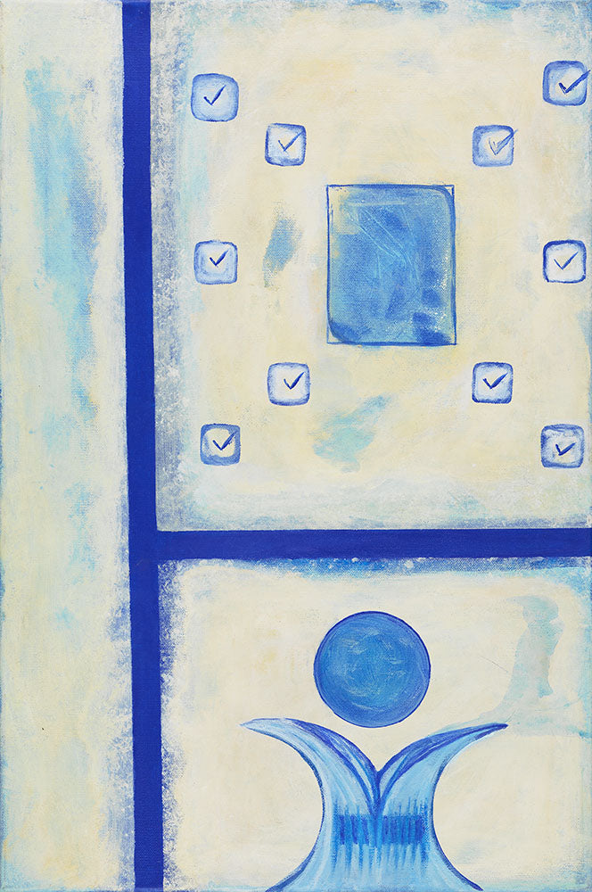 Checklist – Avoiding the Main Goal abstract conceptual artwork featuring blue checklist symbols surrounding a central rectangular form, with geometric lines and symbolic human-like elements in a minimalist contemporary composition.