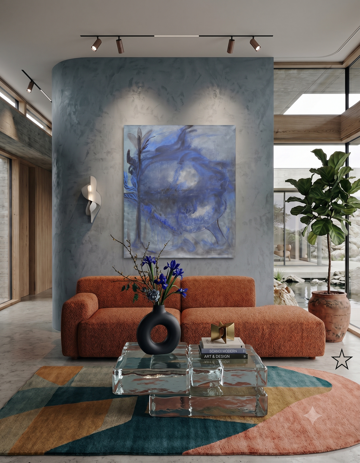 Dusk abstract artwork featuring layered blue and grey tones, organic flowing forms, and atmospheric textures, displayed as contemporary wall art in a modern living room.