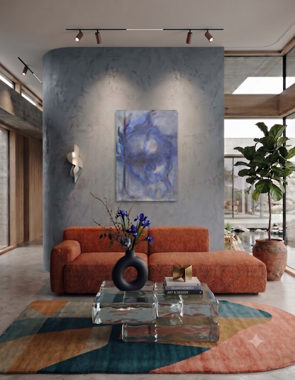 Dusk abstract artwork featuring layered blue and grey tones, organic flowing forms, and atmospheric textures, displayed as contemporary wall art in a modern living room.