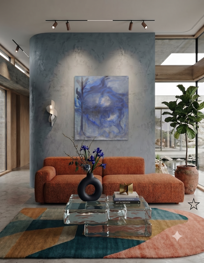 Dusk abstract artwork featuring layered blue and grey tones, organic flowing forms, and atmospheric textures, displayed as contemporary wall art in a modern living room.