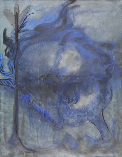 Dusk abstract artwork featuring layered blue and grey tones, organic flowing forms, and atmospheric textures that evoke the quiet mood of twilight in a contemporary expressionist composition.