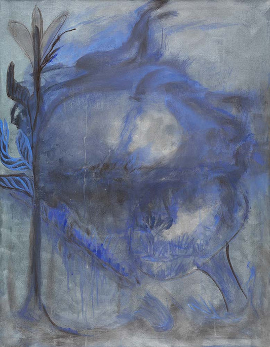 Dusk abstract artwork featuring layered blue and grey tones, organic flowing forms, and atmospheric textures that evoke the quiet mood of twilight in a contemporary expressionist composition.