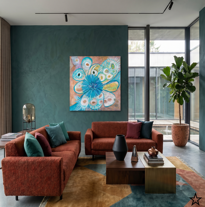 Exploring Life abstract floral artwork featuring vibrant turquoise petals, organic botanical forms, and soft pastel tones, displayed as contemporary wall art in a modern living room.