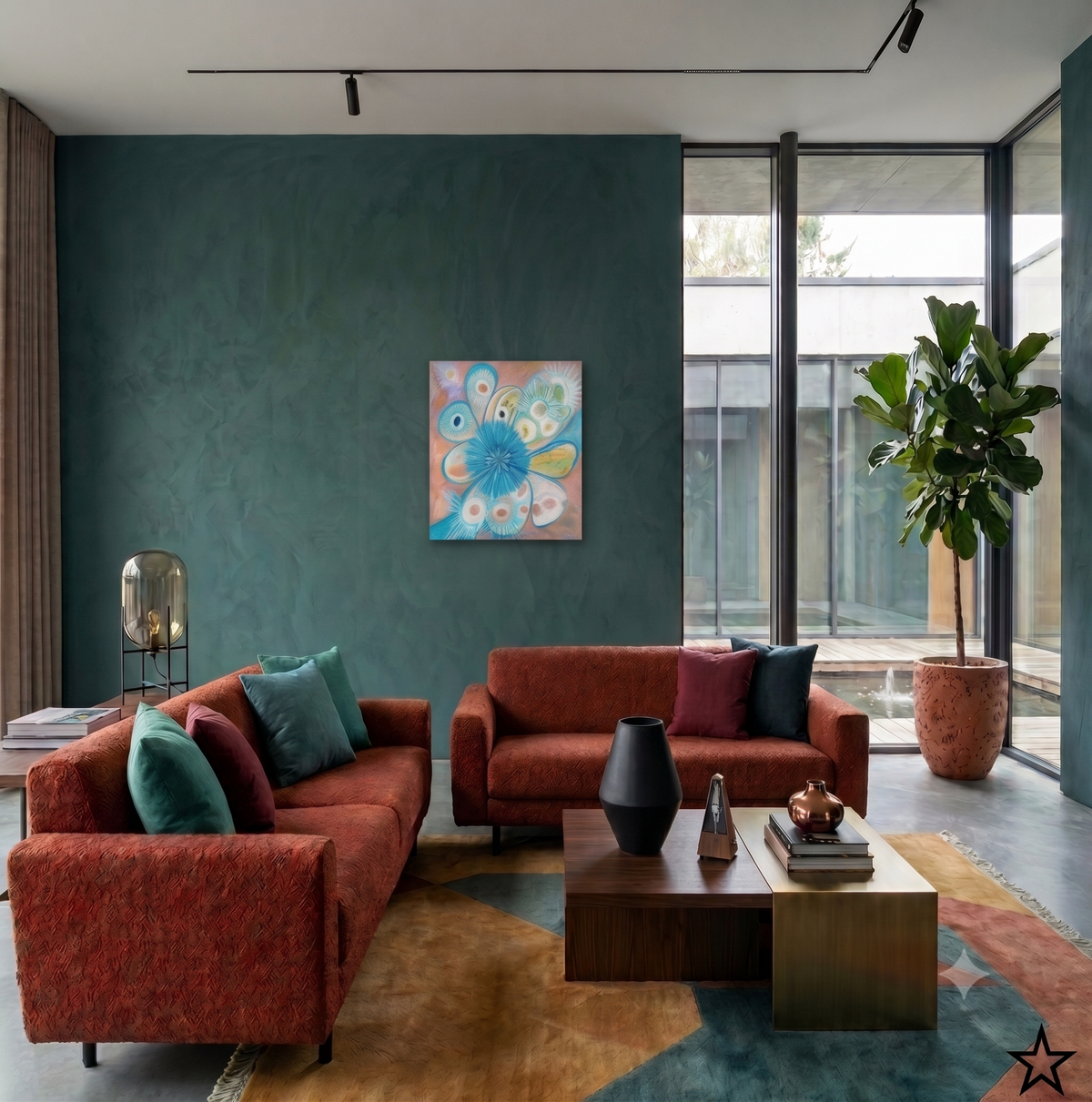 Exploring Life abstract floral artwork featuring vibrant turquoise petals, organic botanical forms, and soft pastel tones, displayed as contemporary wall art in a modern living room.