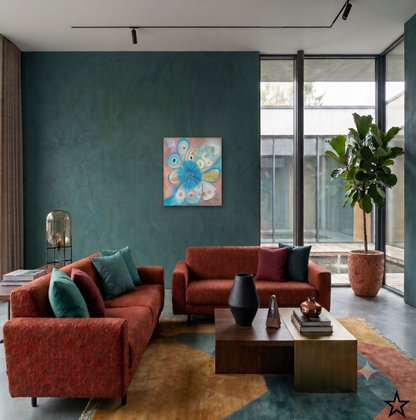 Exploring Life abstract floral artwork featuring vibrant turquoise petals, organic botanical forms, and soft pastel tones, displayed as contemporary wall art in a modern living room.